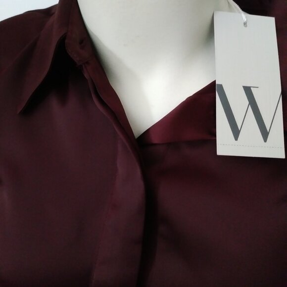 Worthington Satin Burgundy Small Long Sleeve Blouse - Picture 3 of 11